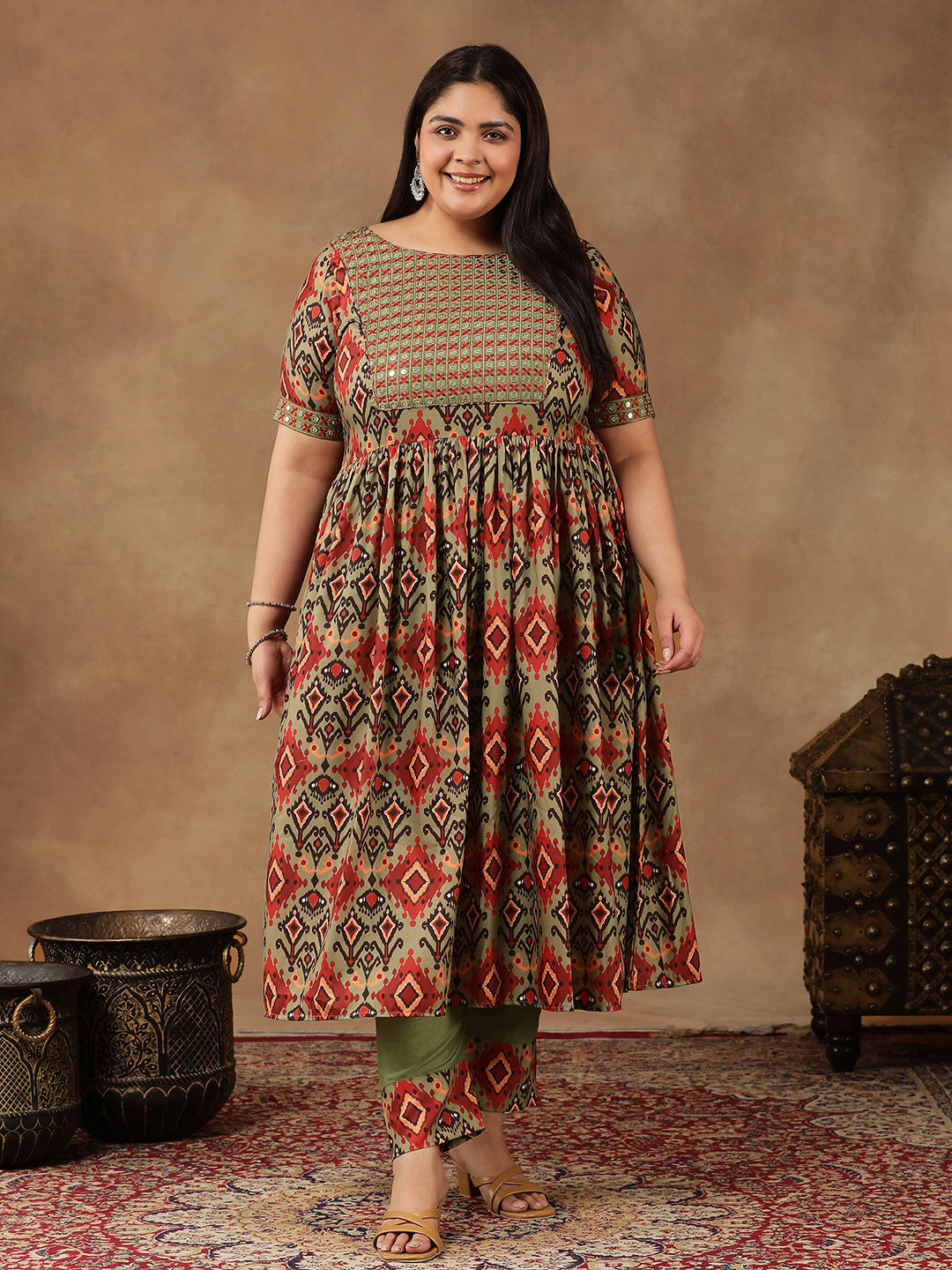 Women Ethnic Motifs Printed Pleated Sequinned Kurta with Trousers - ID
