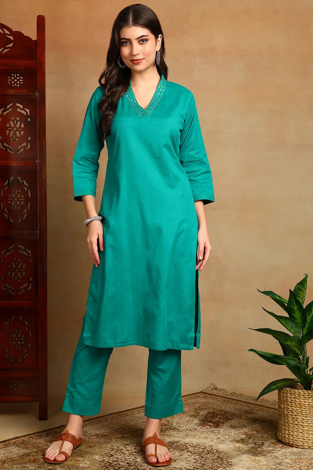 Teal Blue Embroidered Flax Linen Kurta