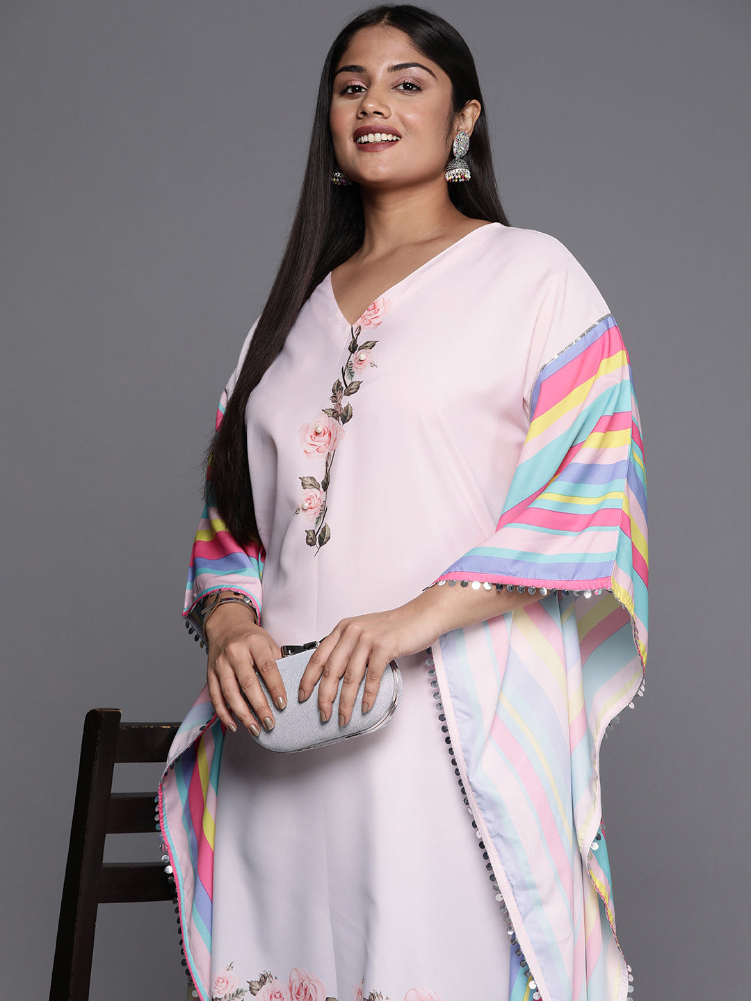 Pink & Yellow Printed Plus Size Kaftan Kurta