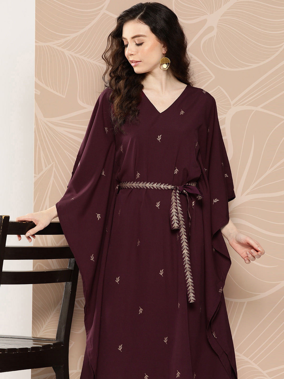 Burgundy Floral Printed Belted Detail Kaftan Kurta