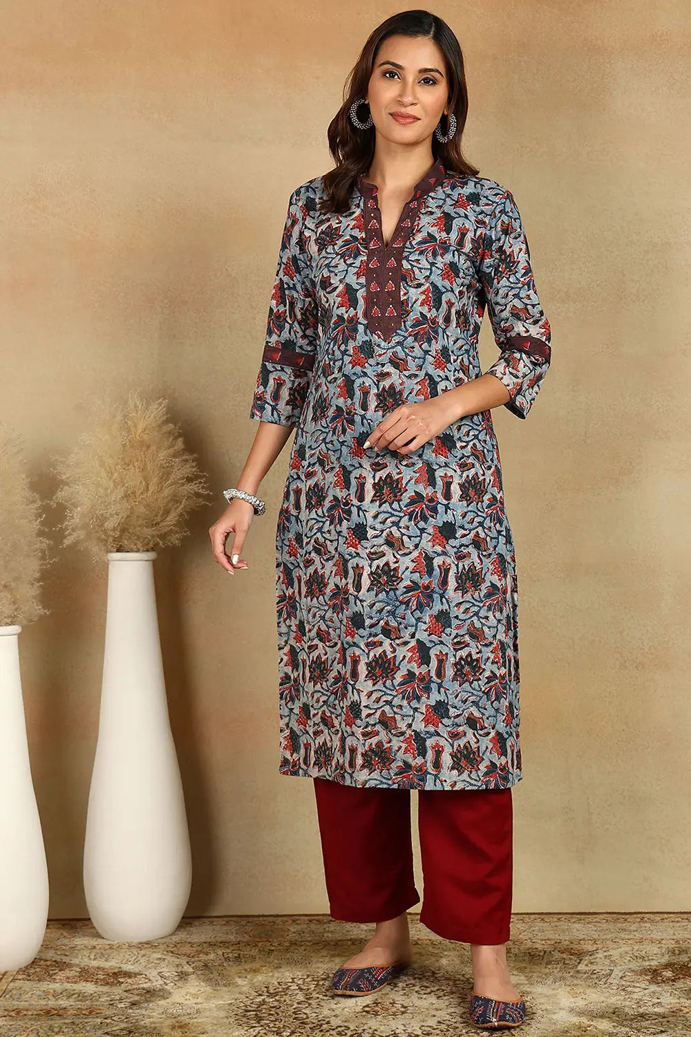 Navy Blue/Maroon Straight Bagru Kurta