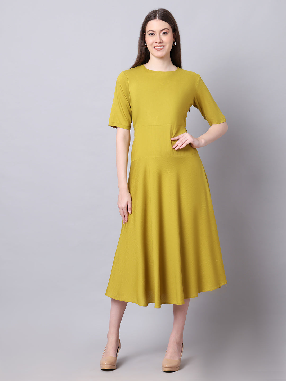 Exude Resilient Radiance Midi Flare Dress with Sleeves