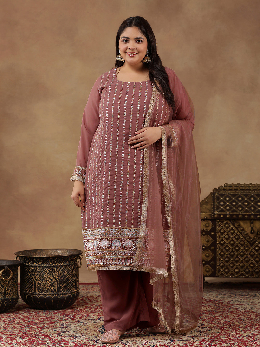 Women Ethnic Motifs Embroidered Regular Thread Work Kurta with Palazzos & With Dupatta - ID