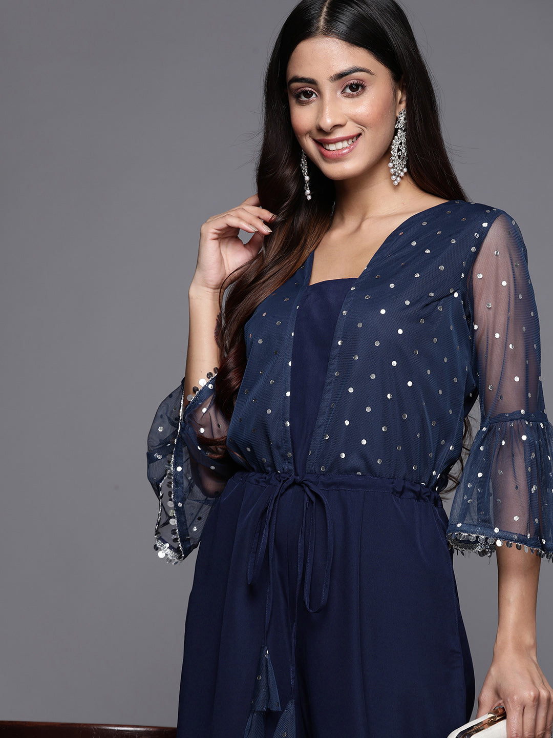 Navy Blue Polka Dots Printed Jumpsuit With Waist Tie-Ups