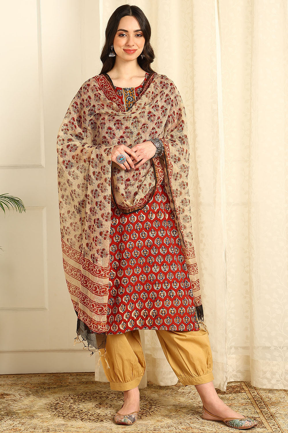 Maroon/Beige Kota Doria Dupatta