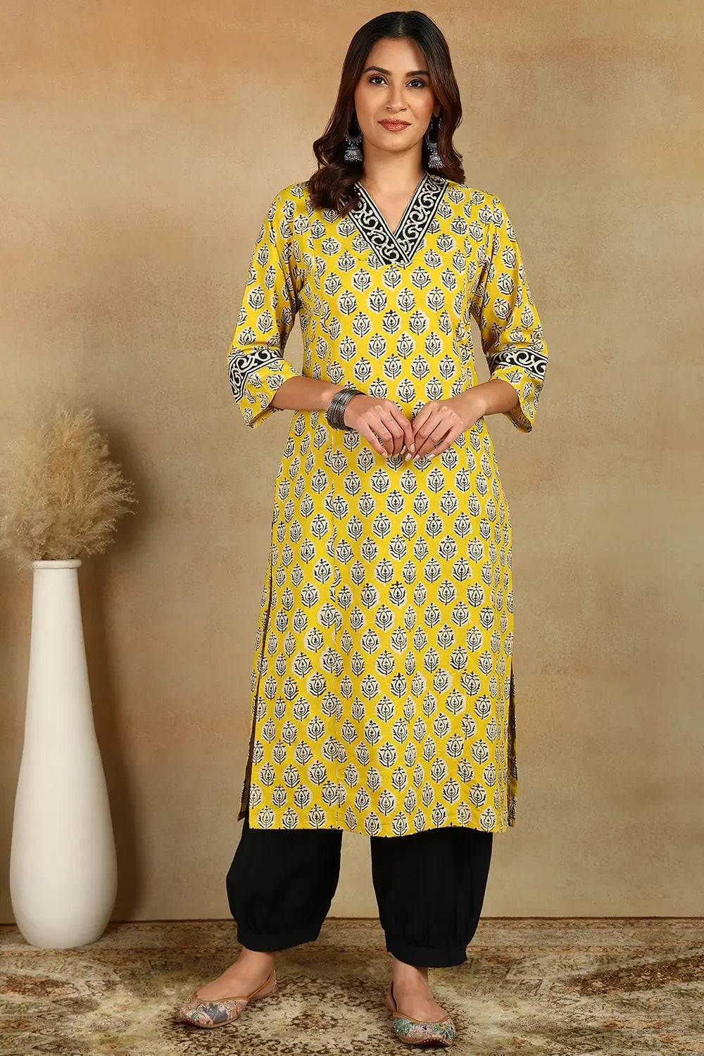 Yellow Straight Bagru Kurta