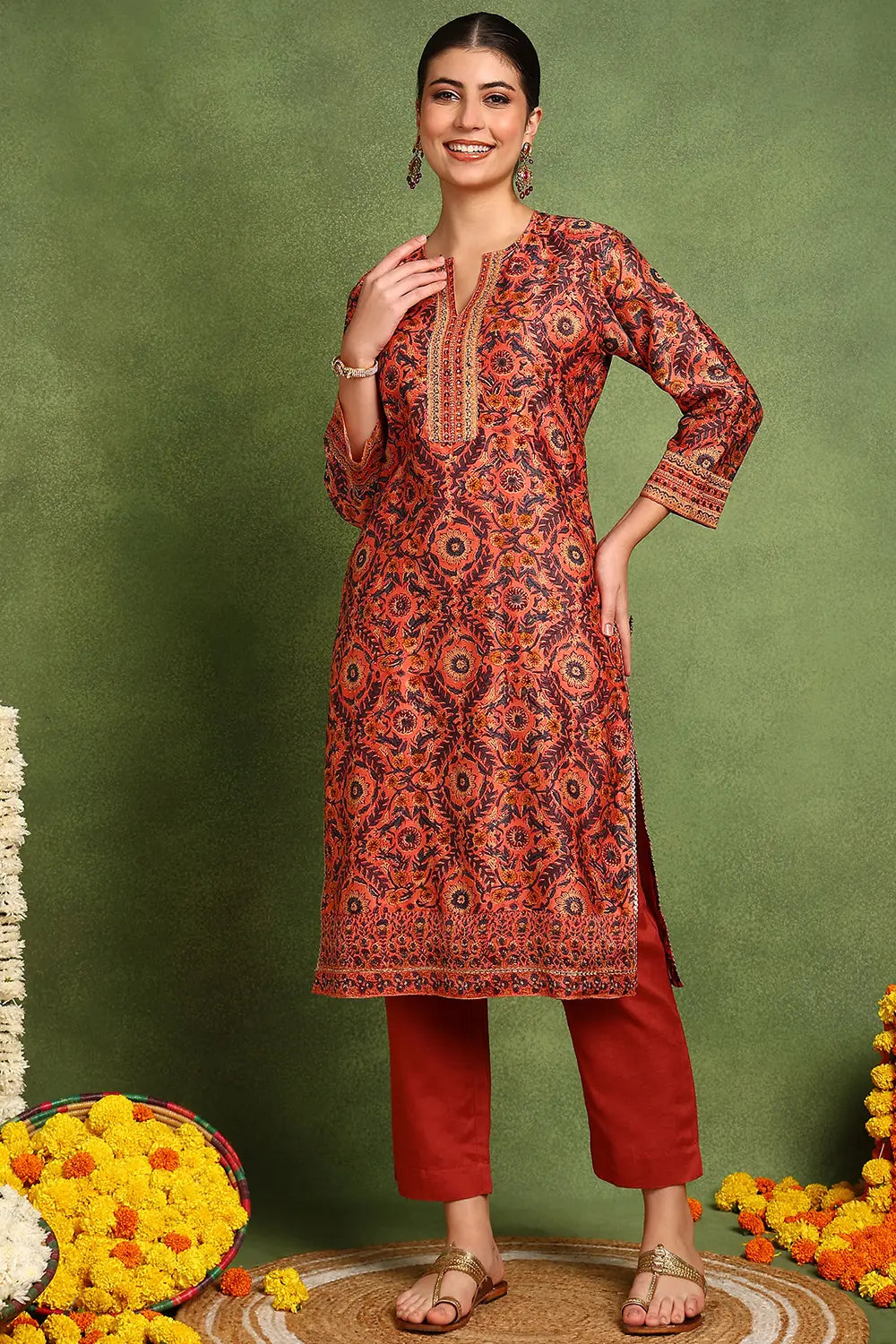 Rust Chanderi Silk Kurta