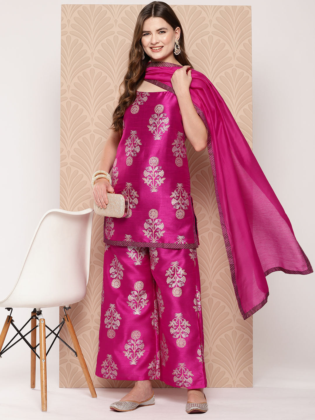 Pink Printed Kurti with Palazzos & With Dupatta