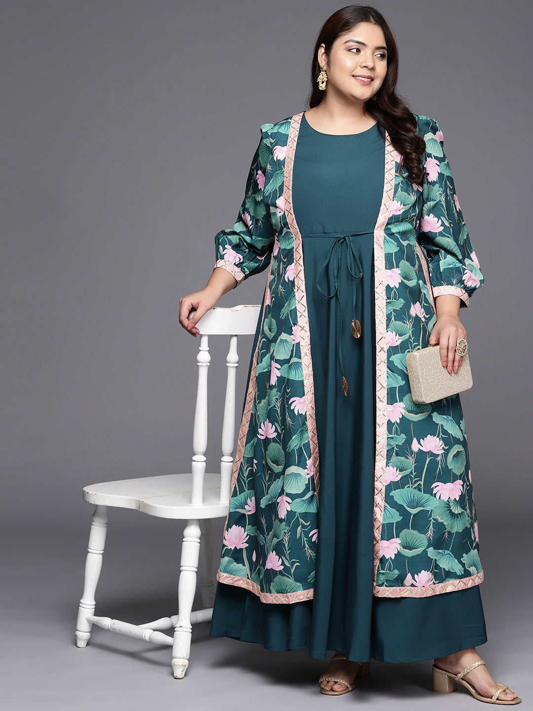 Green Floral Printed Plus Size Maxi Ethnic Dress-AH