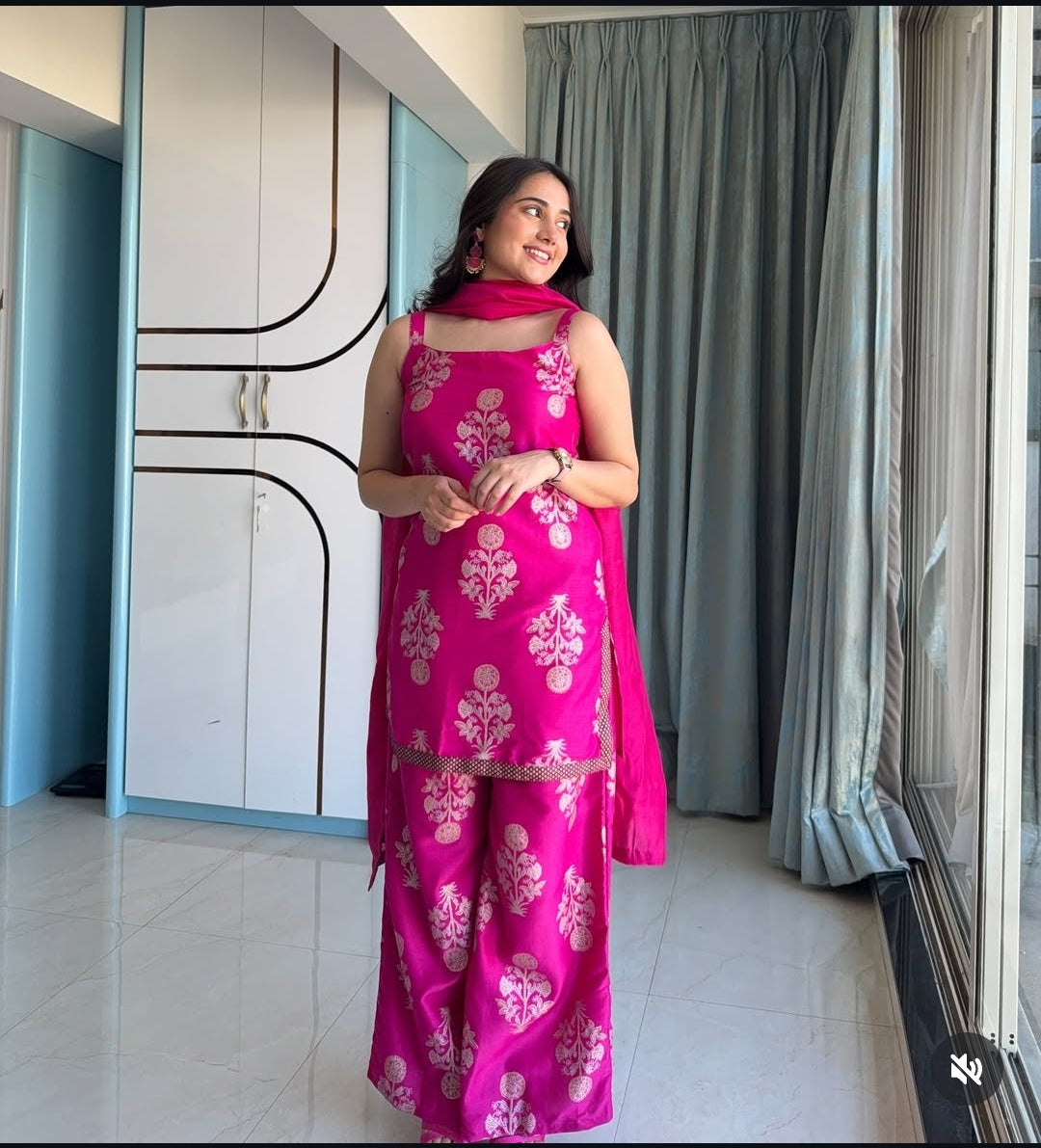 Pink Printed Kurti with Palazzos & With Dupatta-AH