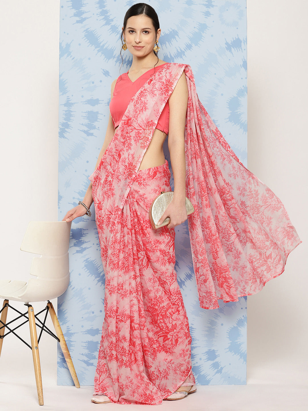 Pink Floral Print Poly Chiffon Saree