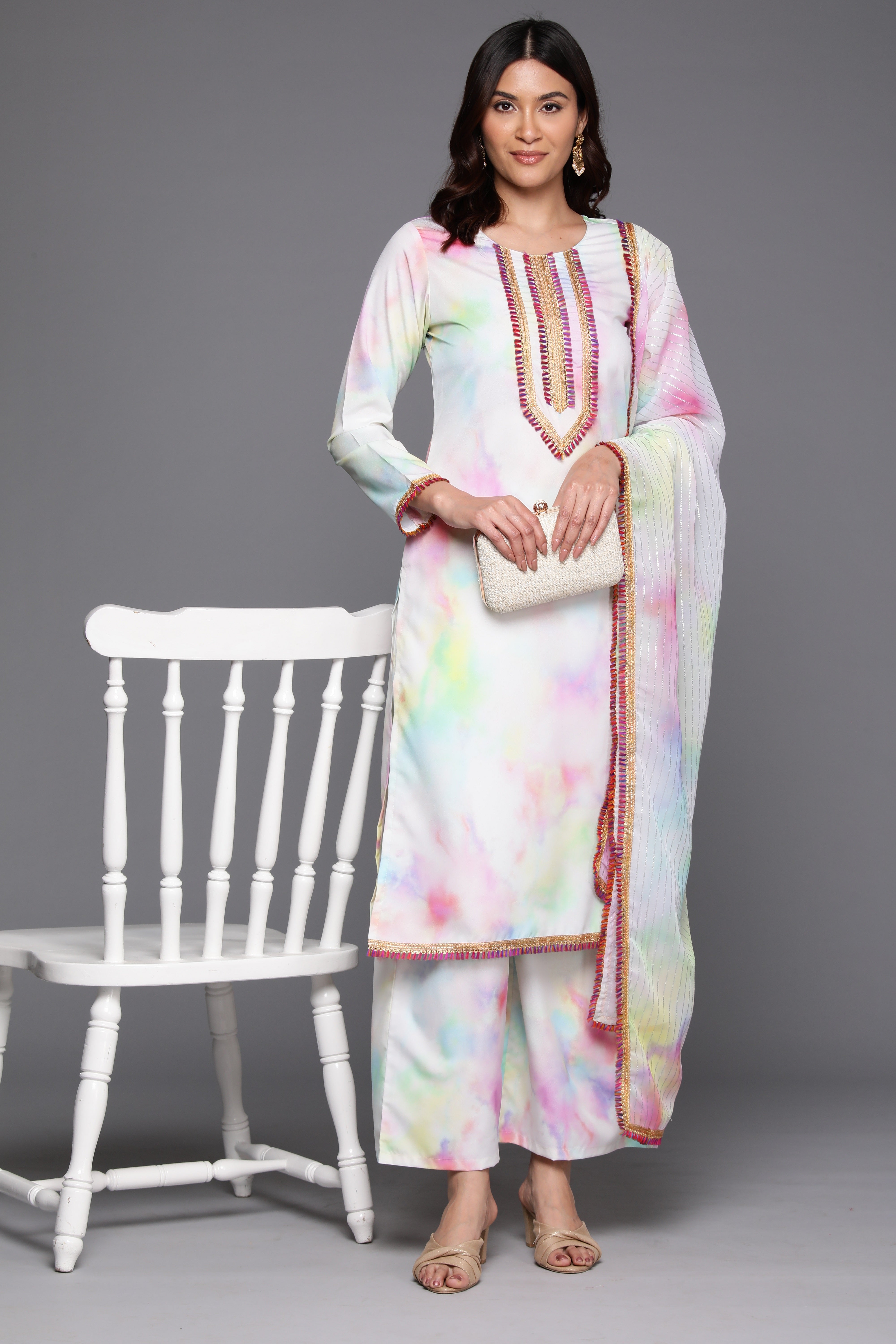 Tie and Dye Printed Gotta Patti Straight Kurta With Palazzos & Dupatta