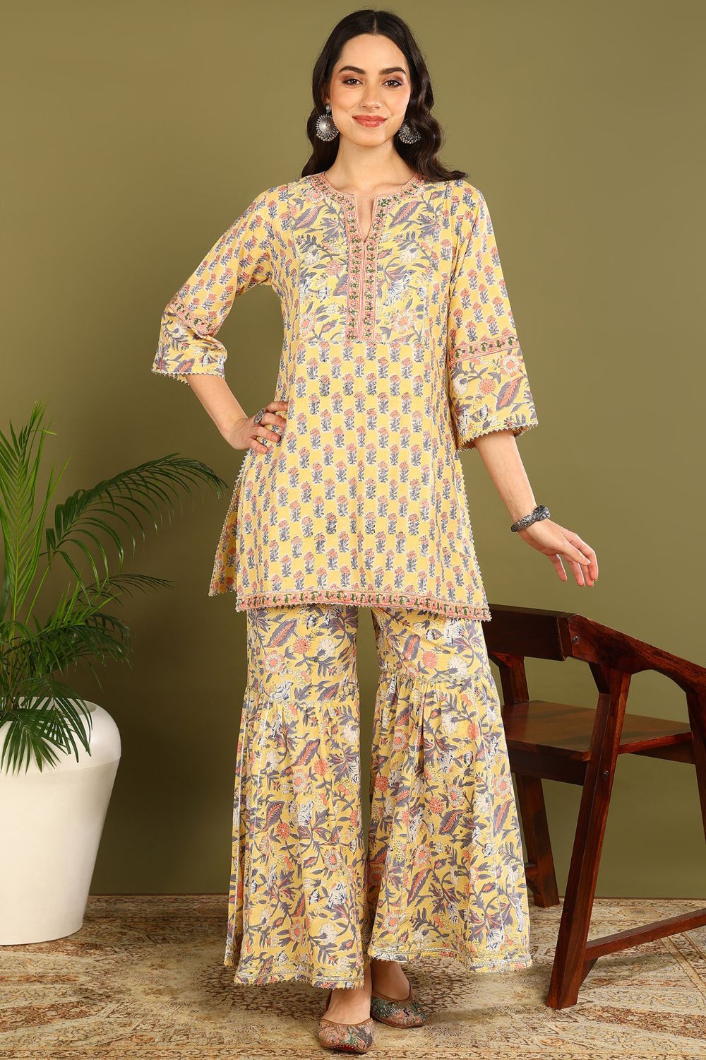 Yellow Sanganeri Kurta Set (3pc)