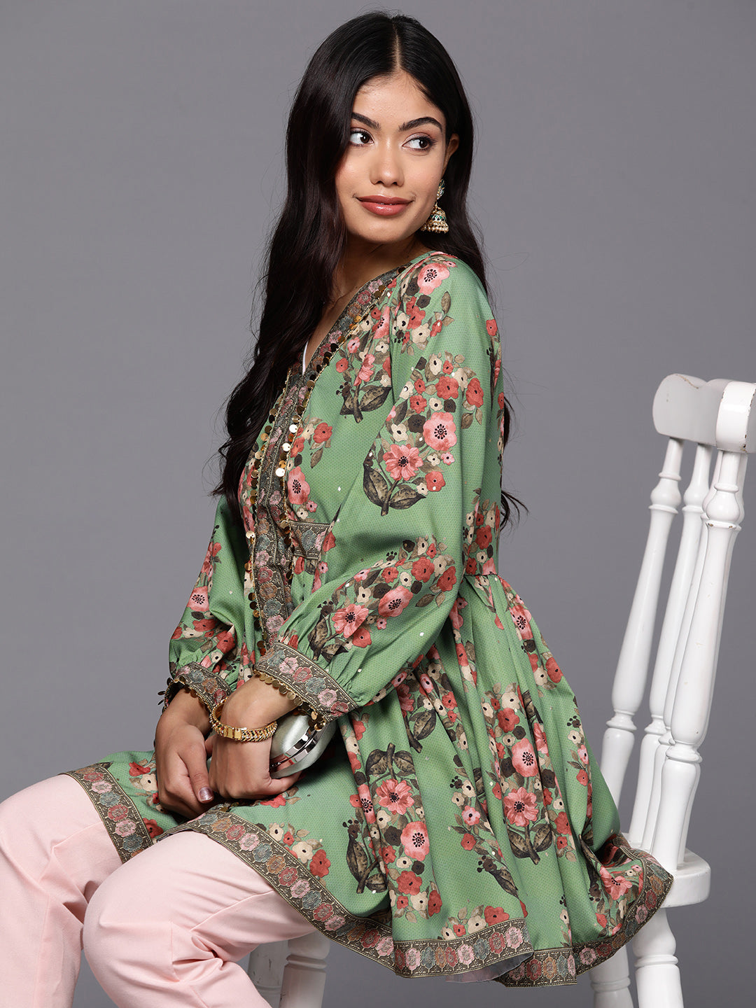 Green & Pink Floral Printed Tunic