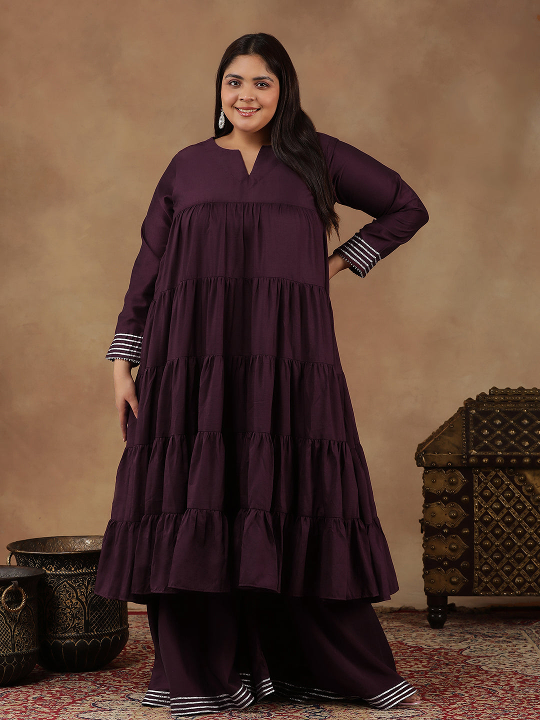 Purple Women Tiered Gotta Patti Kurta with Sharara - ID