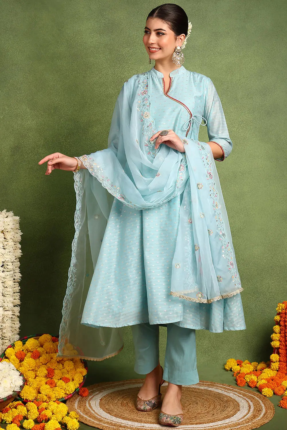 Blue Khari Printed Chanderi Silk Angrakha Kurta