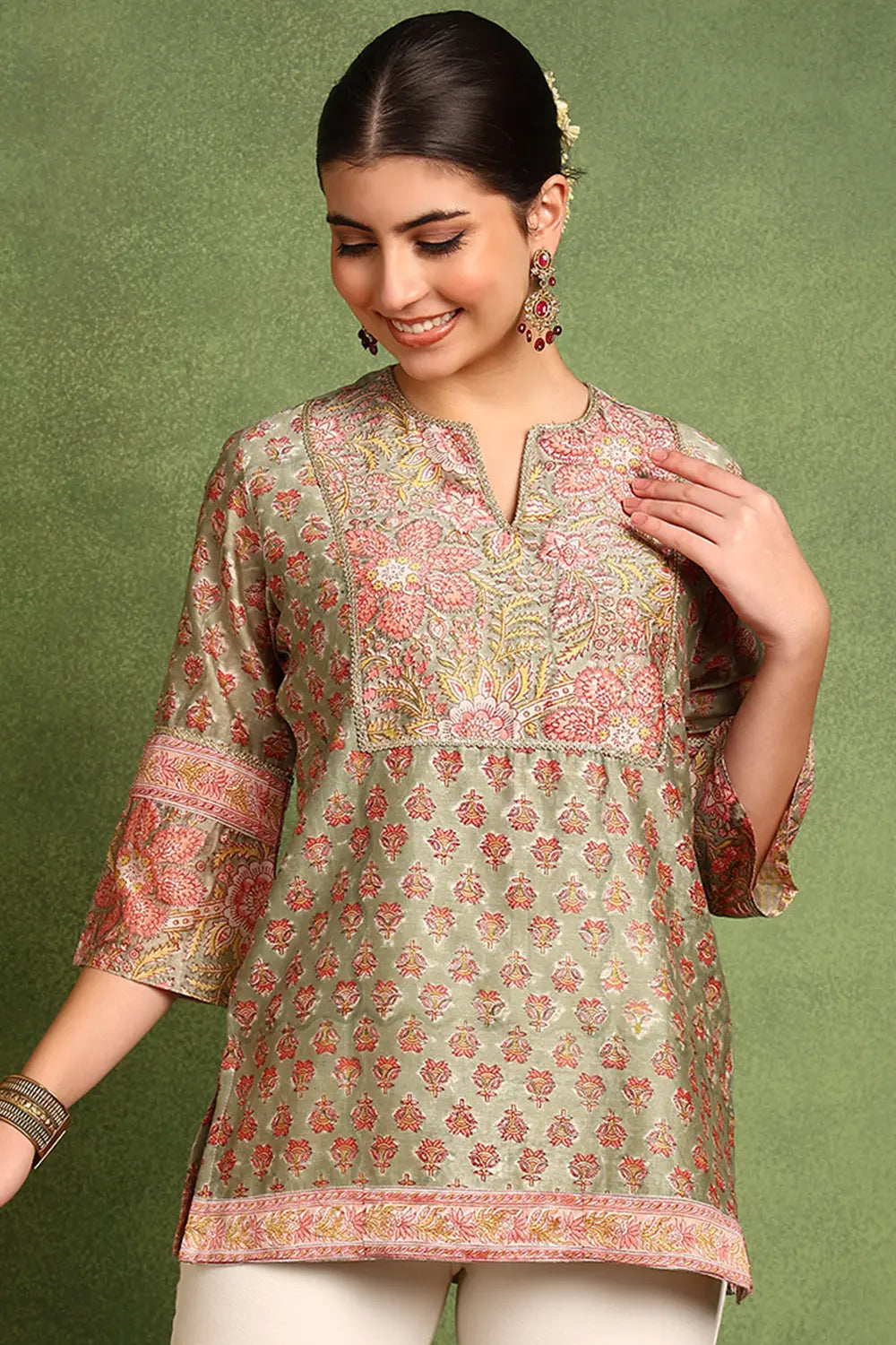 Green Hand Block Printed Chanderi Silk Tunic