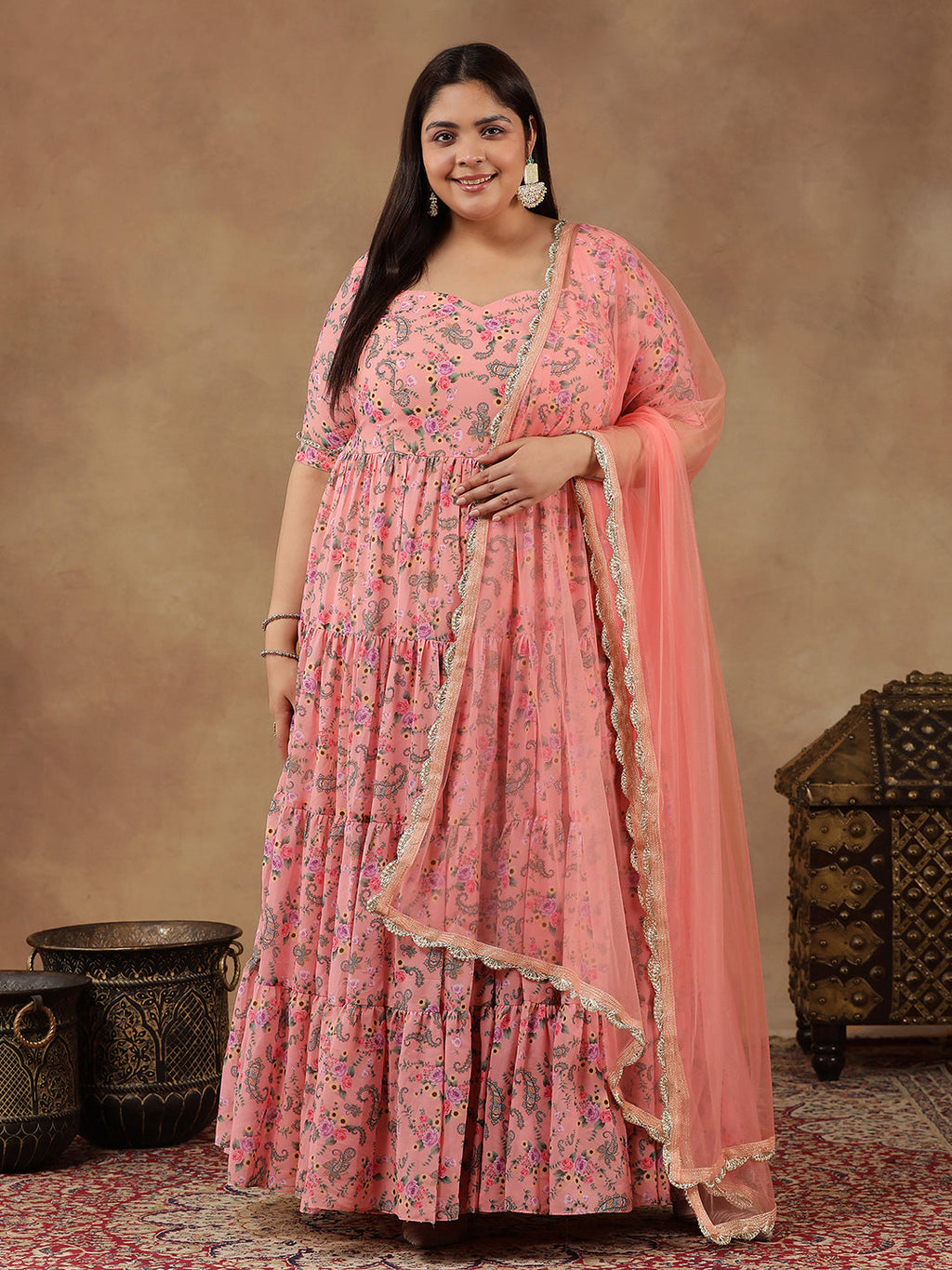 Plus Size Floral Printed Tiered Flared Kurta With Dupatta - ID