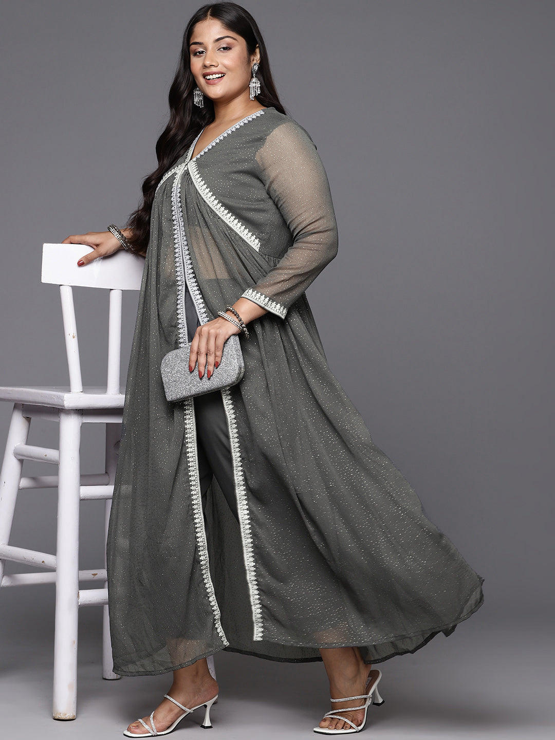 Grey Glitter Printed Plus Size High Slit Kurta with Trousers