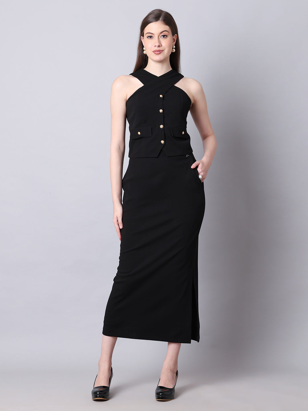 Exude Runway-Ready Long Skirt with Halter Top