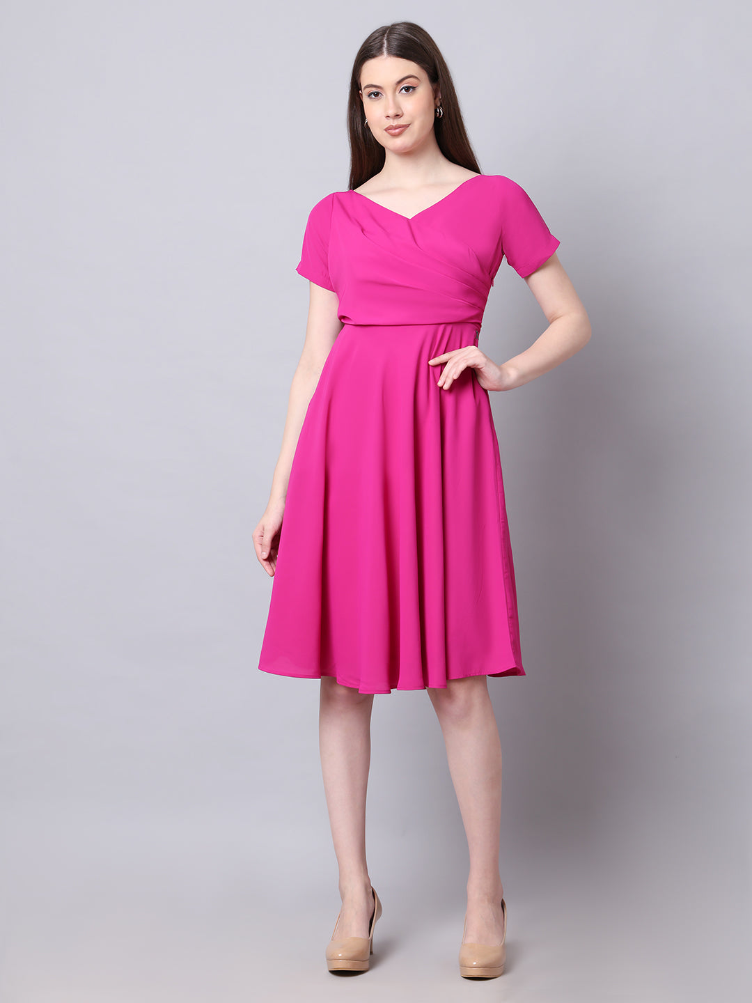 Exude Intrepid V-Neck Front Pleat Dress with Pockets