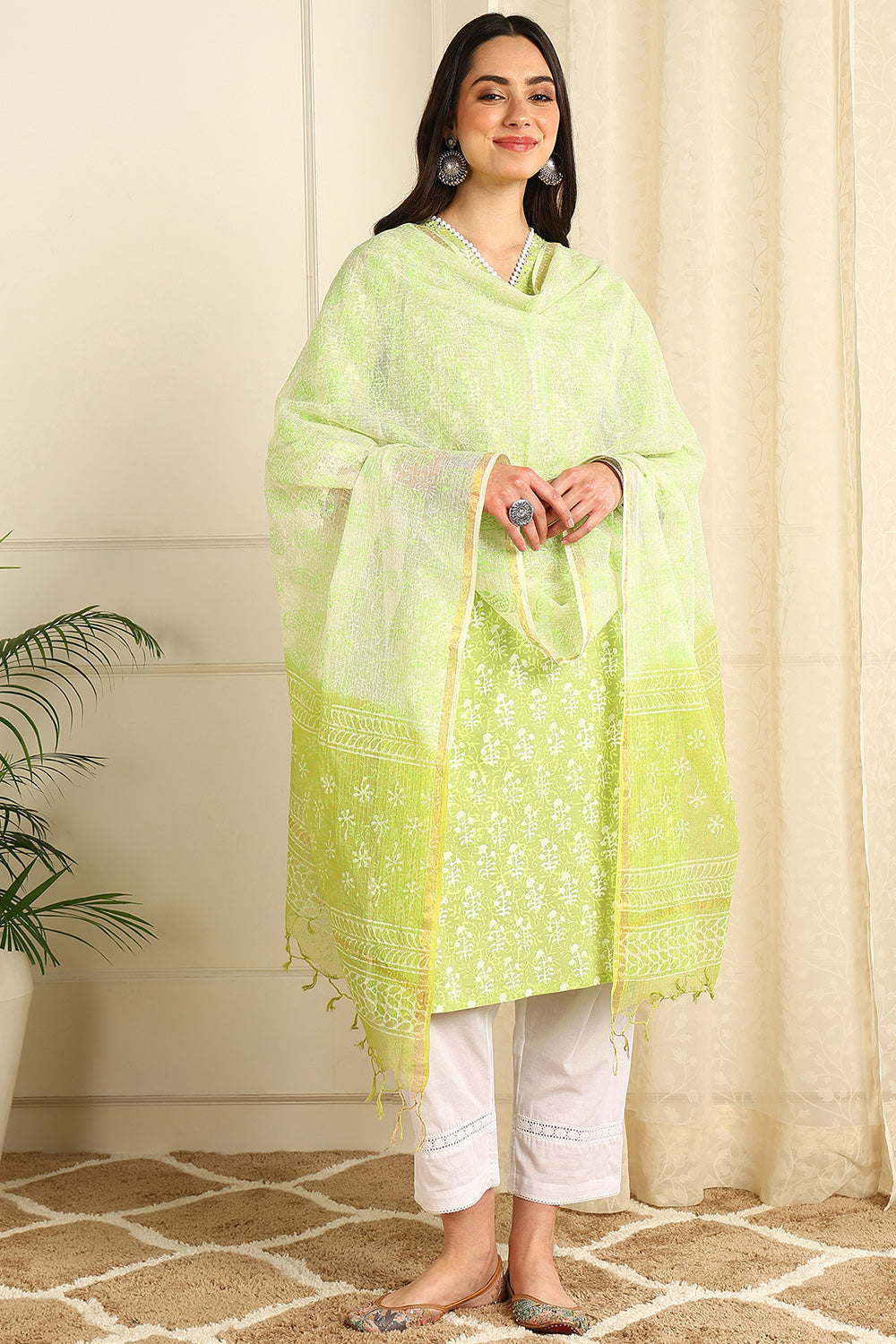 Parrot Green Khari & Hand Block Kota Doria Dupatta