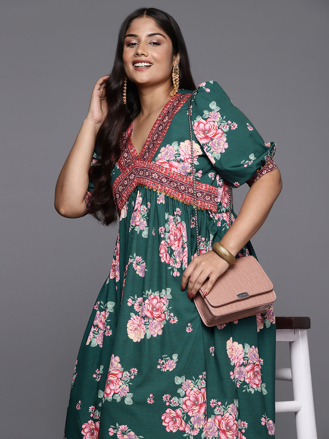 Green & Pink Plus Size Floral Printed A-Line Midi Dress