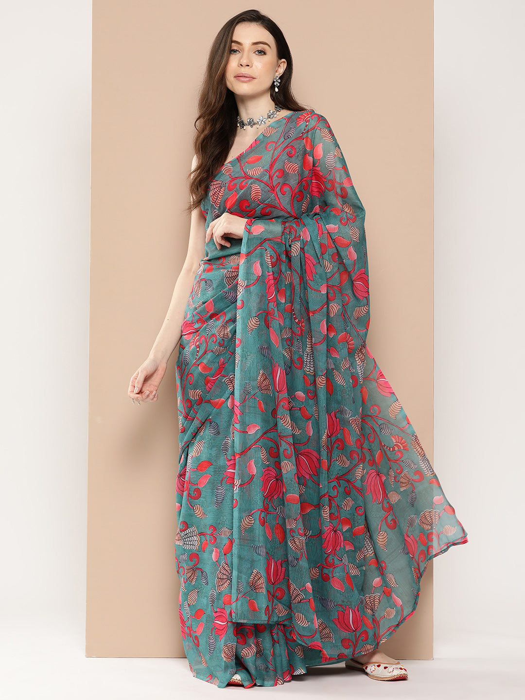 Green & Red Floral Print Poly Chiffon Saree