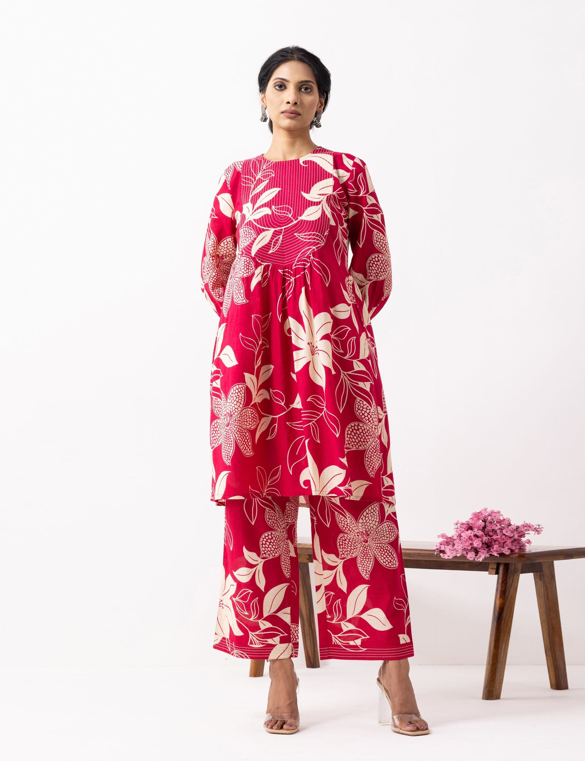 Crimson Red Block Printed Aadhira Kurta Set (Set of 2)- IC