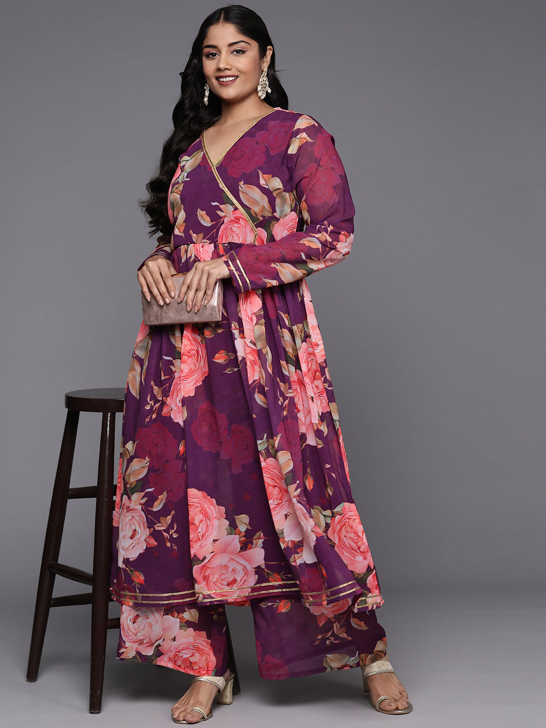 Plus Size Floral Printed Angrakha Zari Kurta with Palazzos