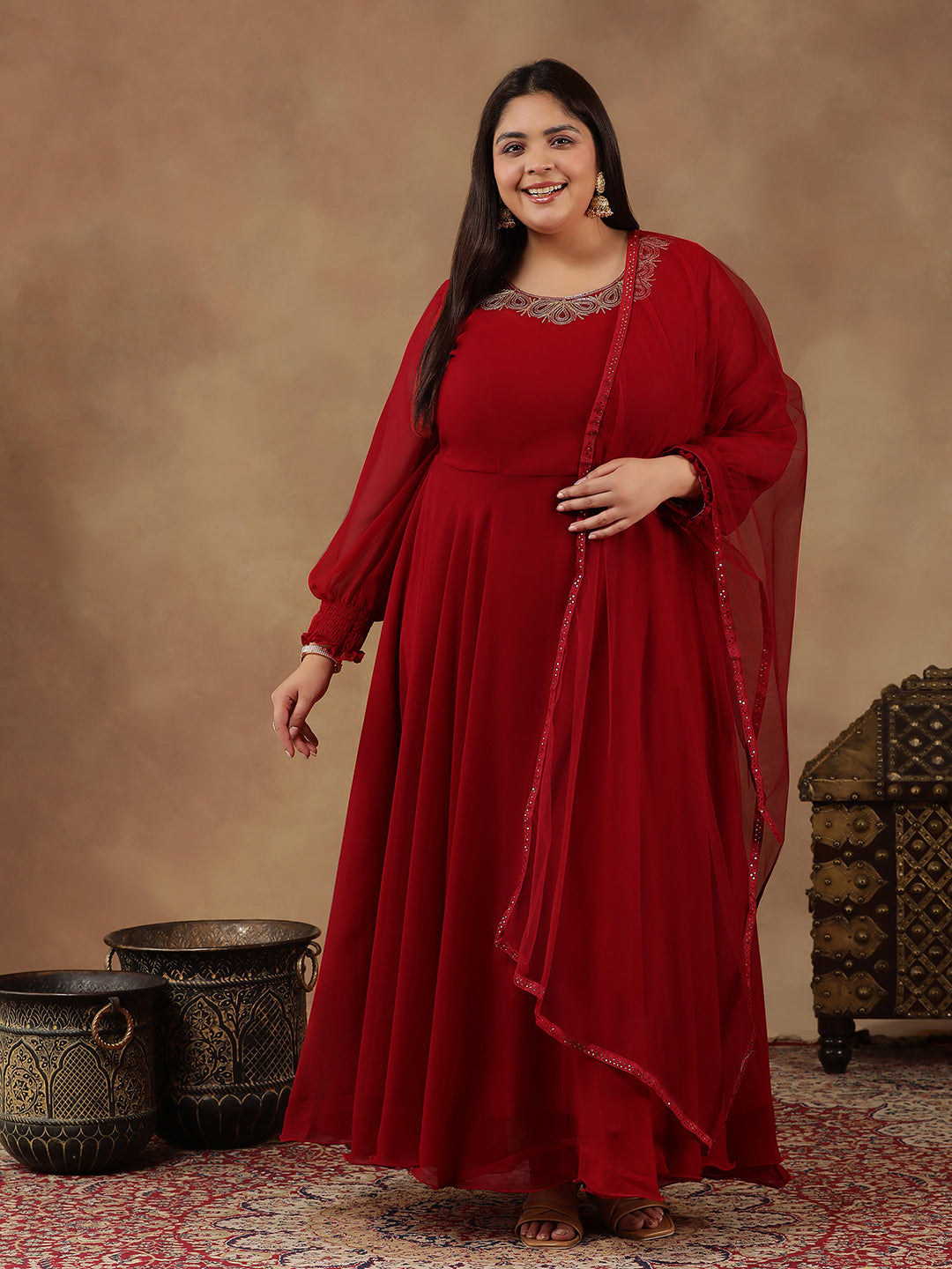 Yoke Design Sequinned Artwork Georgette Anarkali Kurta with Dupatta - ID