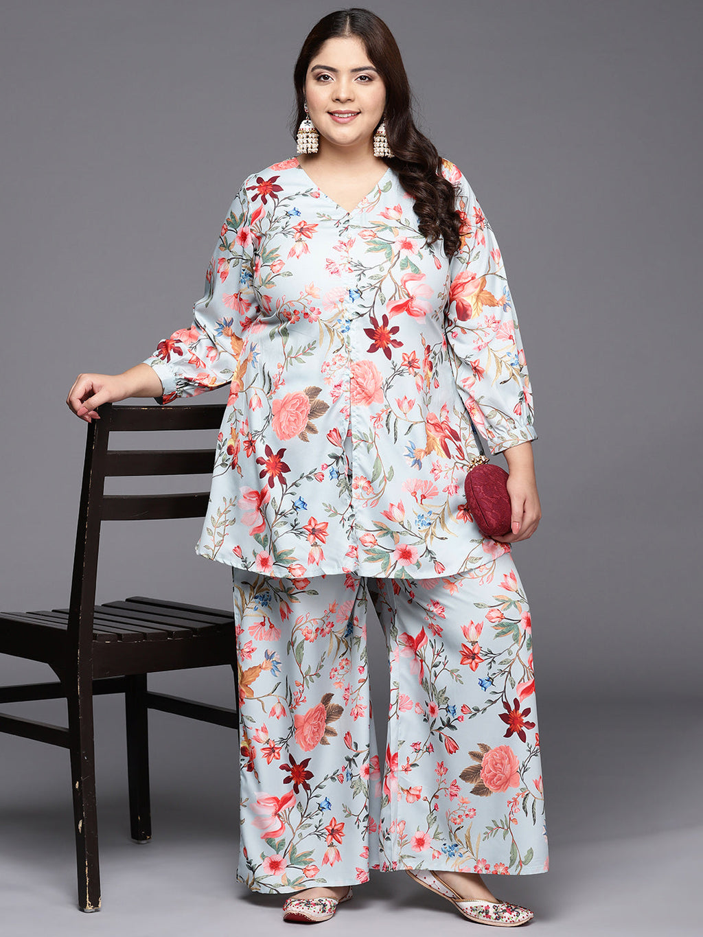 Grey & Pink Floral Printed Plus Size Tunic with Palazzos-AH