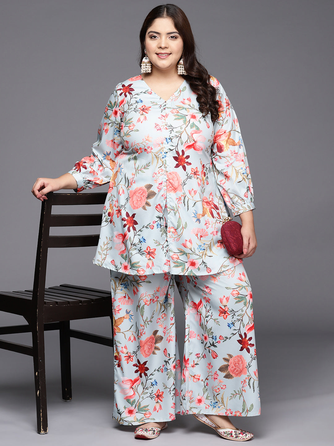 Grey & Pink Floral Printed Plus Size Tunic with Palazzos-AH