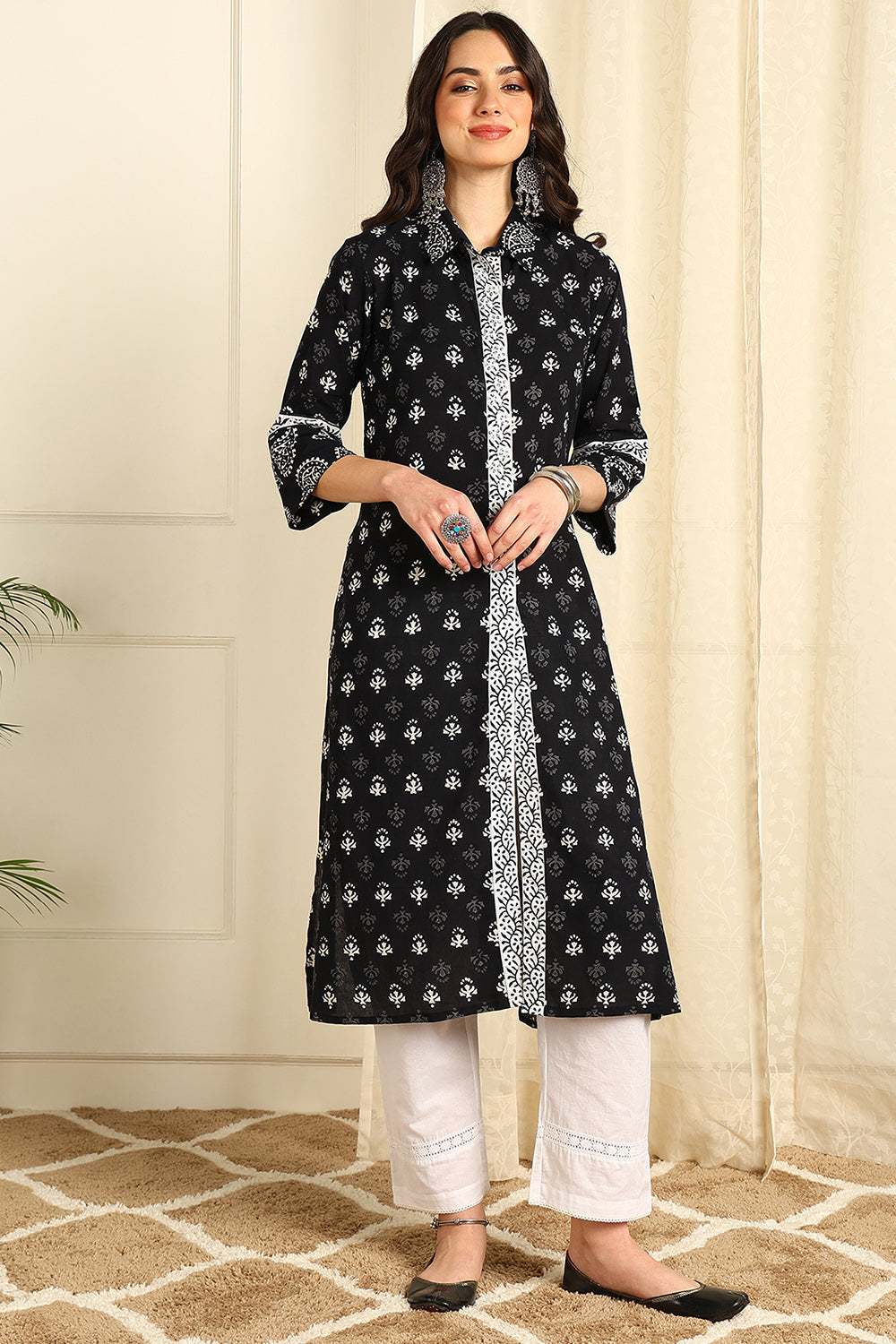 Black & White Straight Bagru Kurta