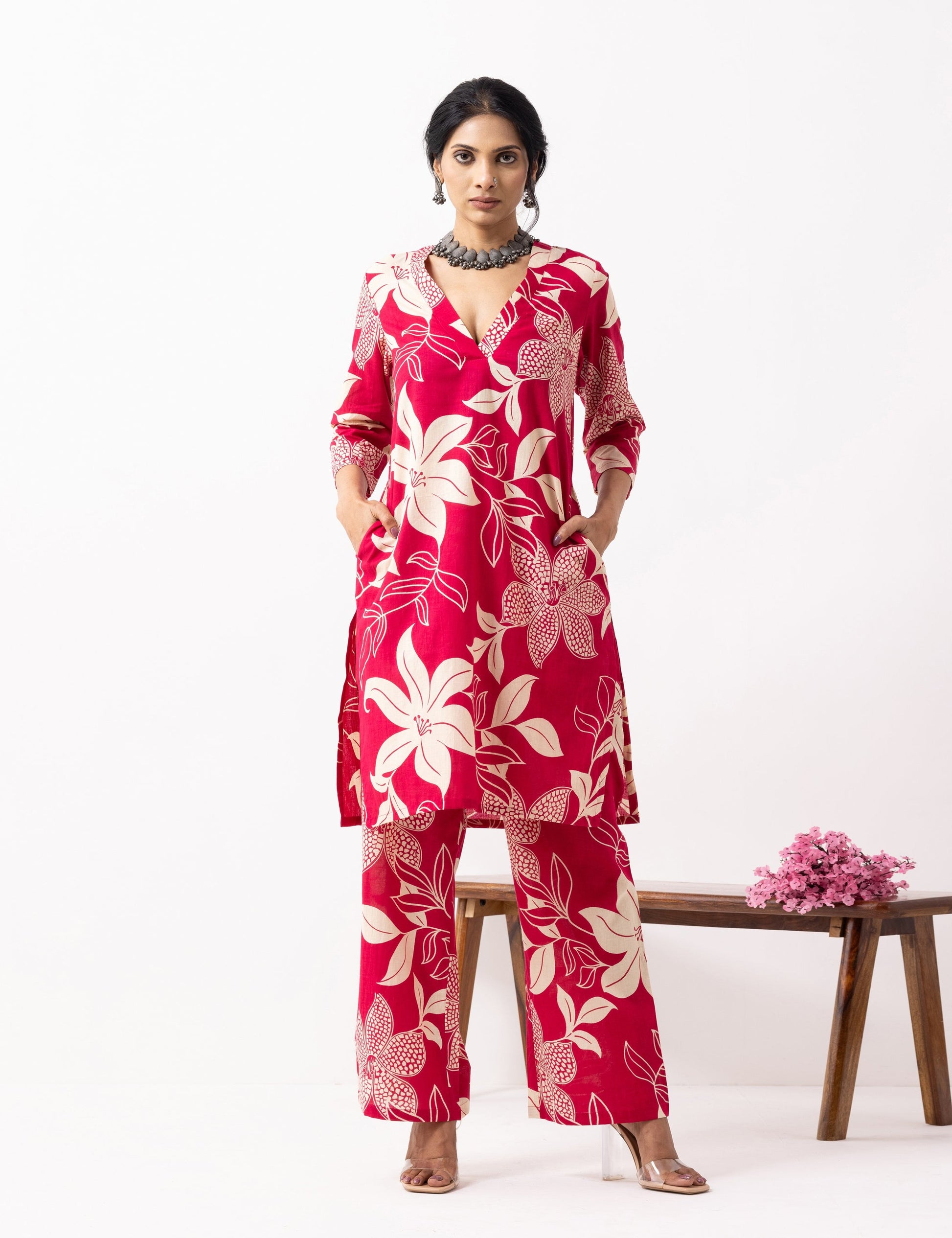 Crimson Red Block Printed Kali Kurta Set (Set of 2)- IC