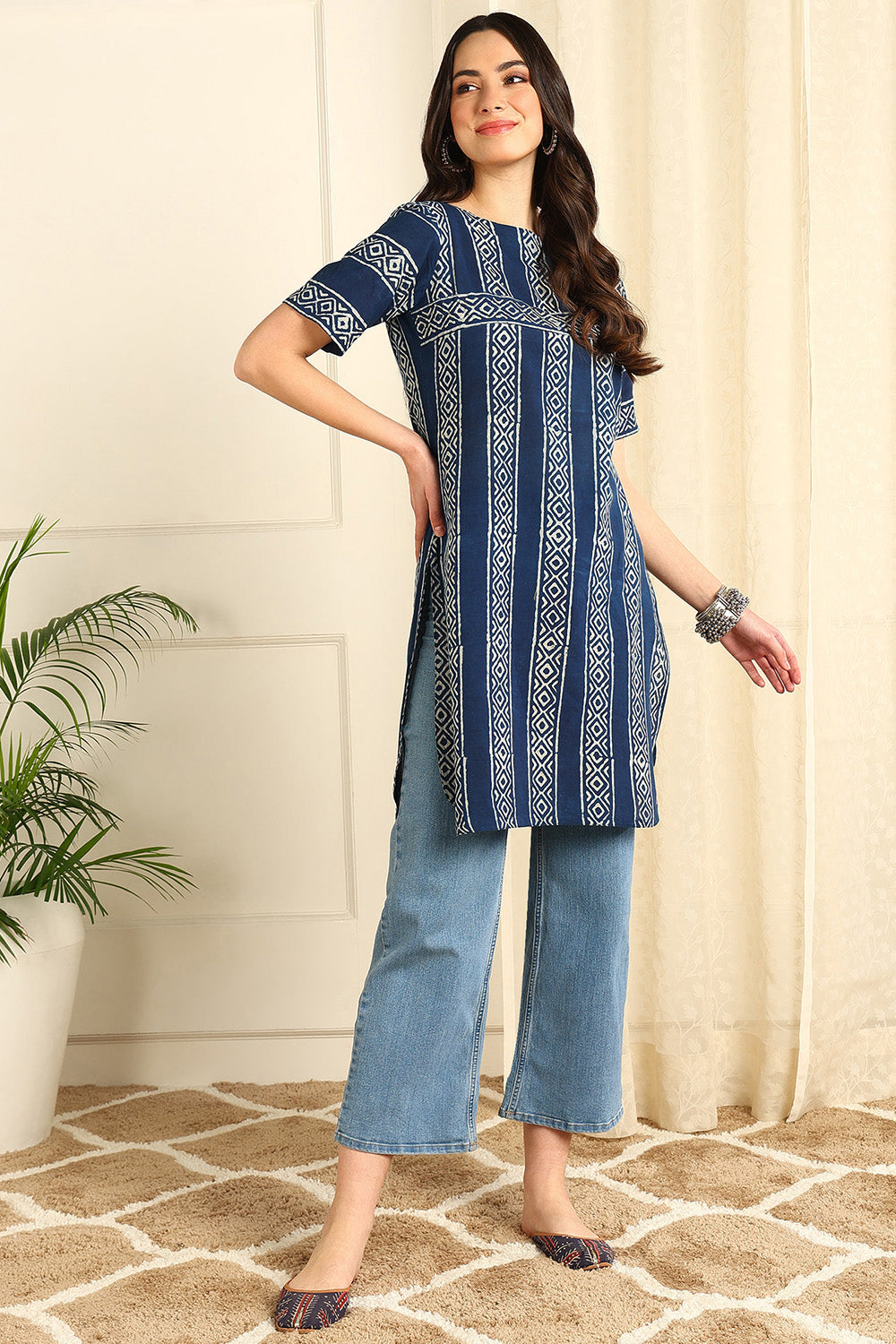 Indigo Blue Straight Cotton Short Kurta