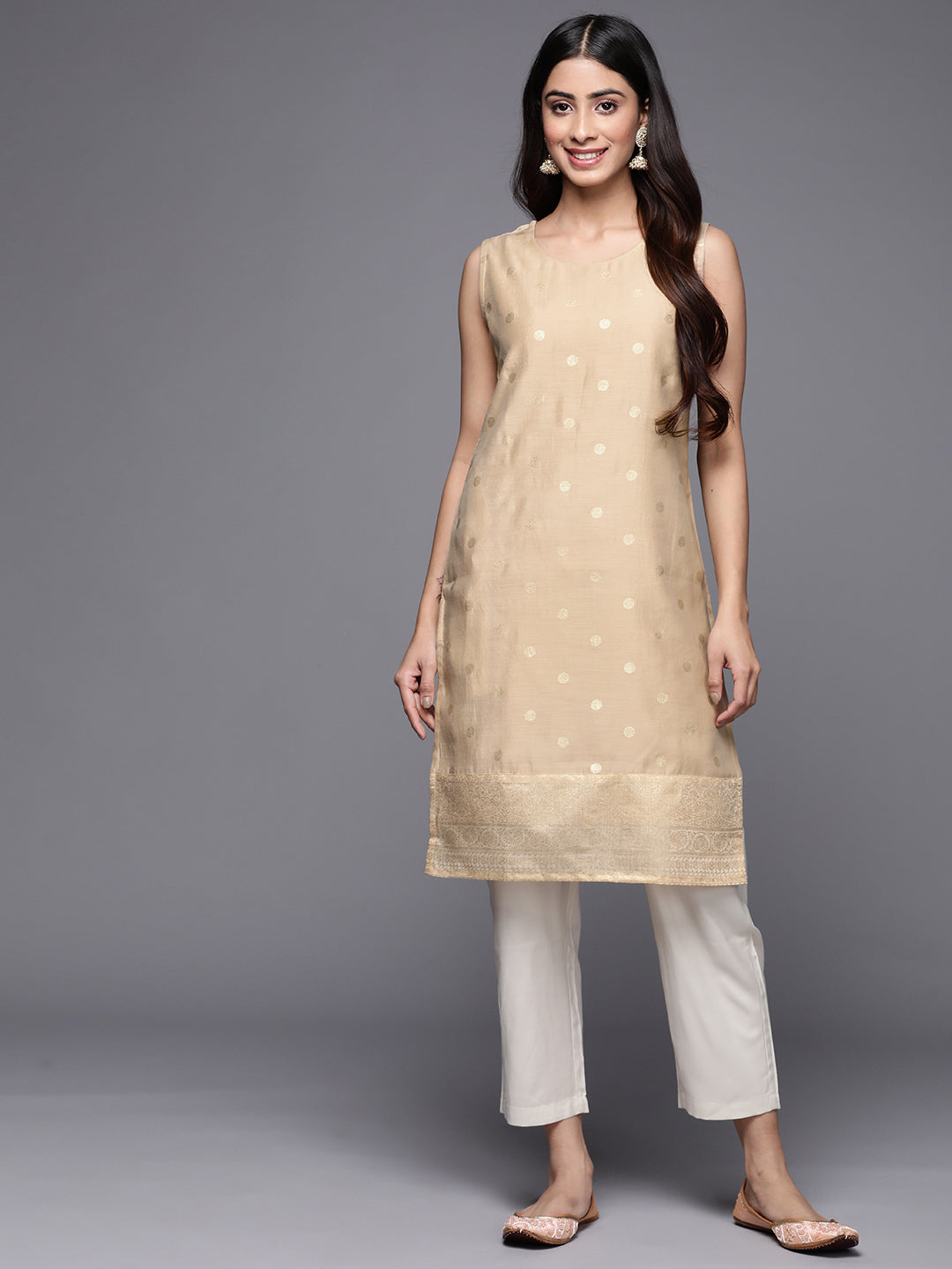 Tan & Gold-Toned Geometric Printed Kurta