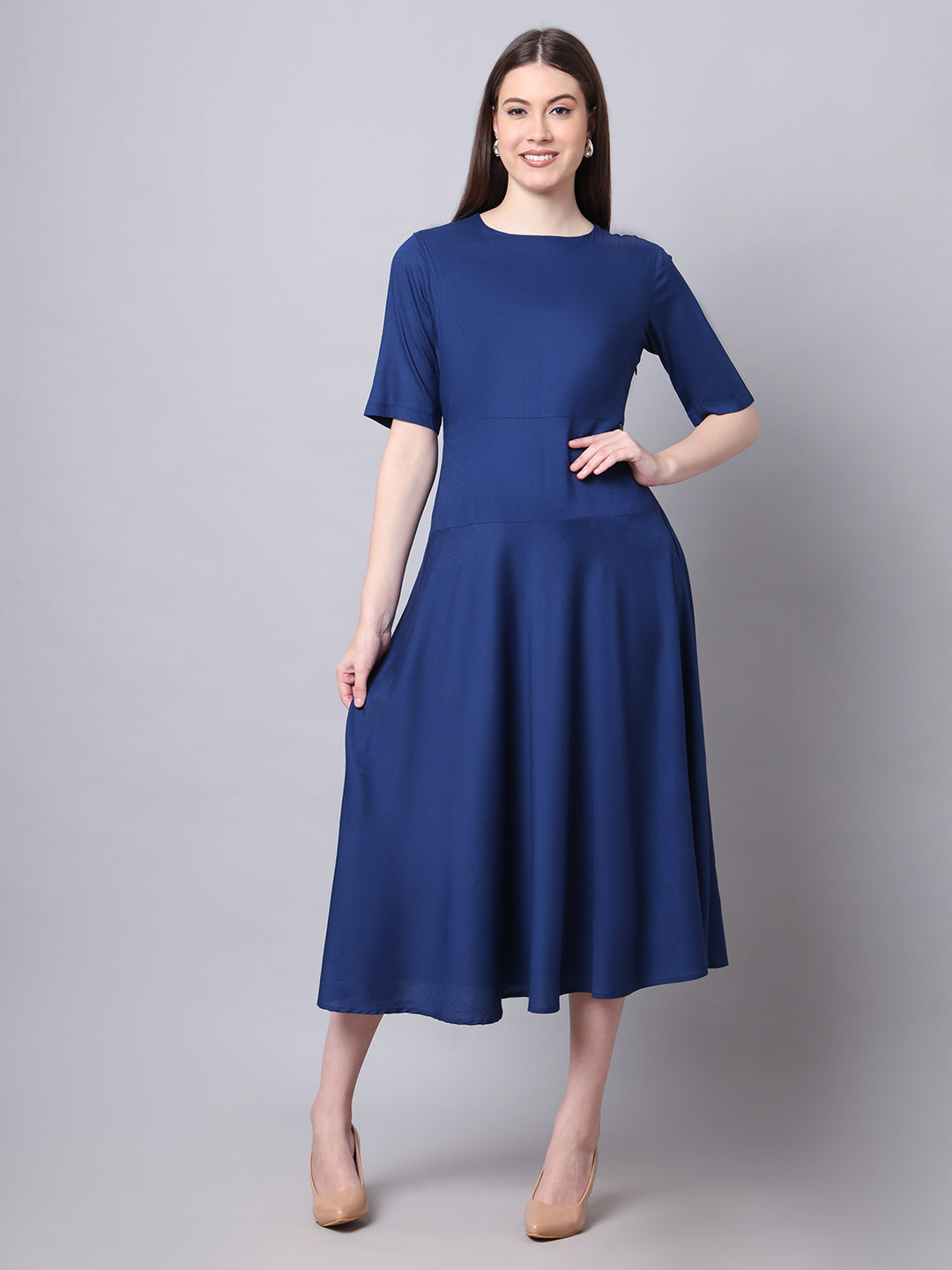 Exude Resilient Radiance Midi Flare Dress with Sleeves