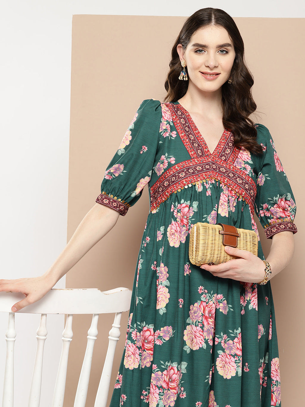 Green Floral Printed Empire Ethnic Dress-AH