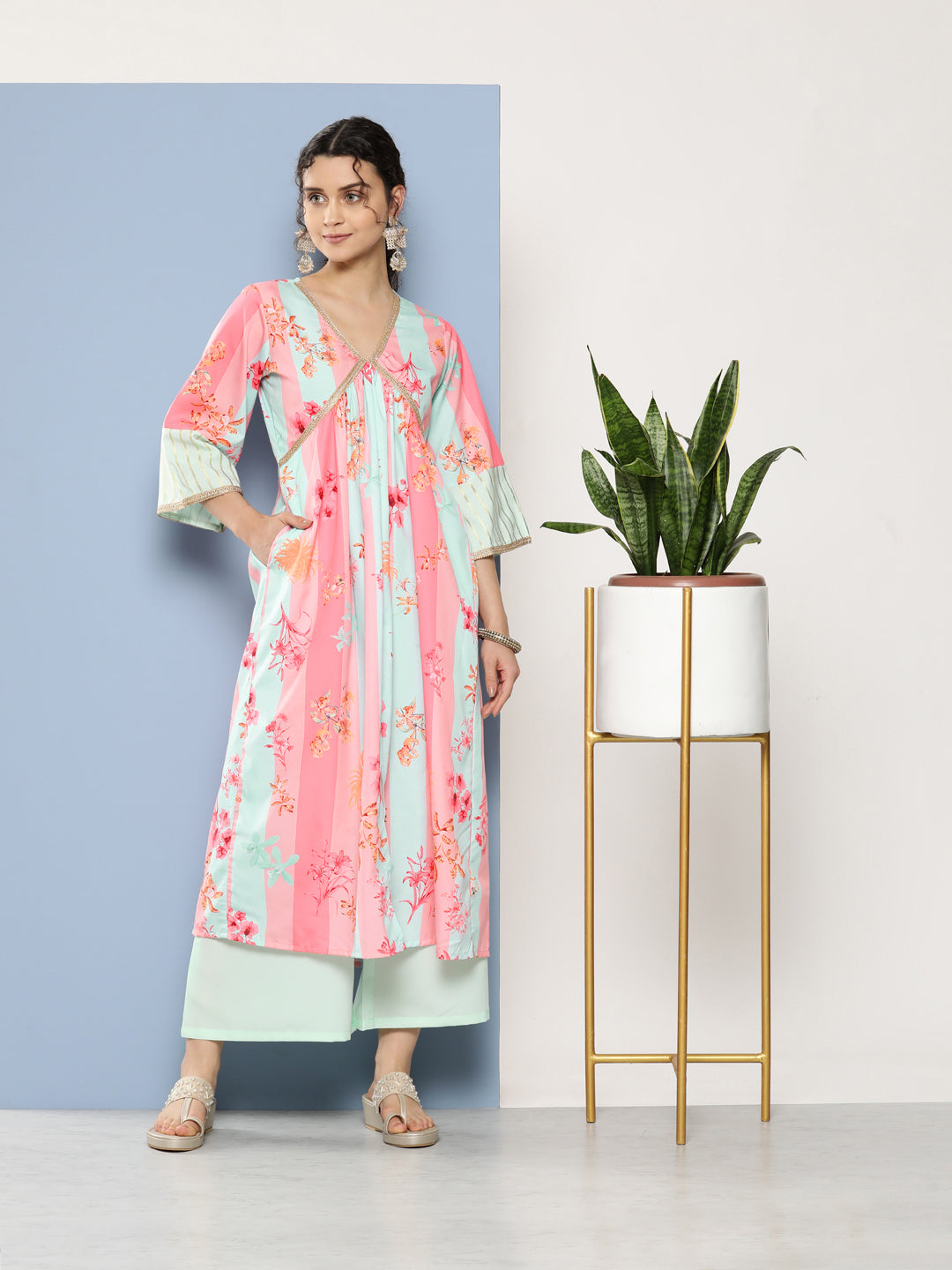 Pink & Blue Floral Printed Pleated Gotta Patti Kurta With Palazzos