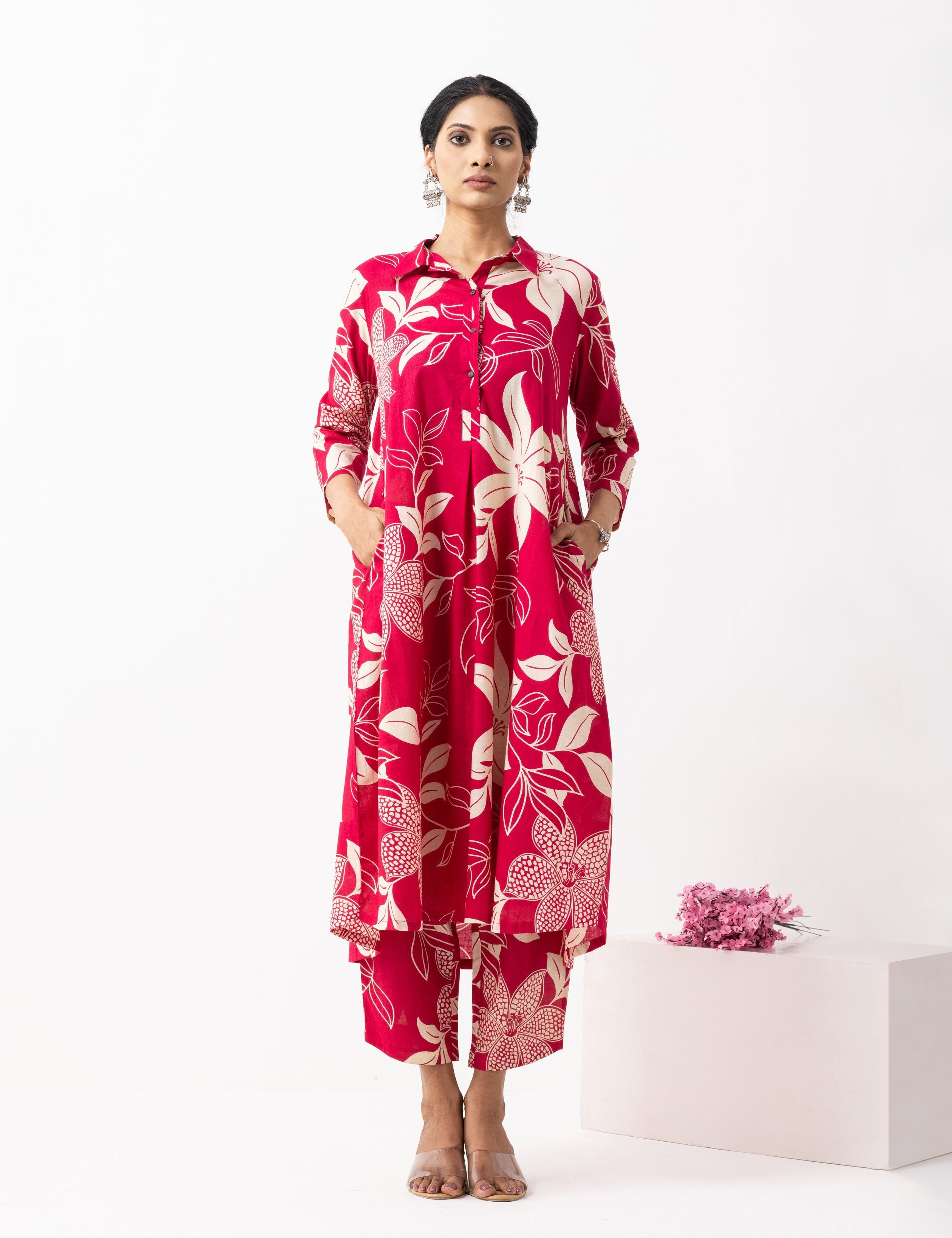 Crimson Red Block Printed Victoria Kurta Set (Set of 2)- IC