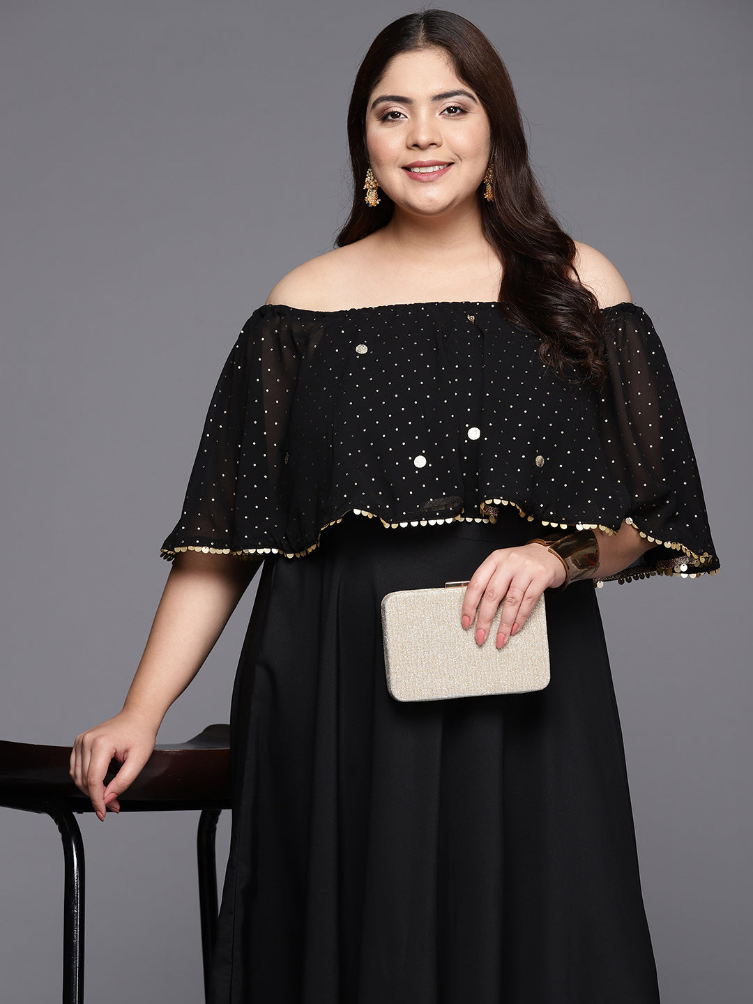 Black & Gold Plus Size Off-Shoulder Maxi Ethnic Dress