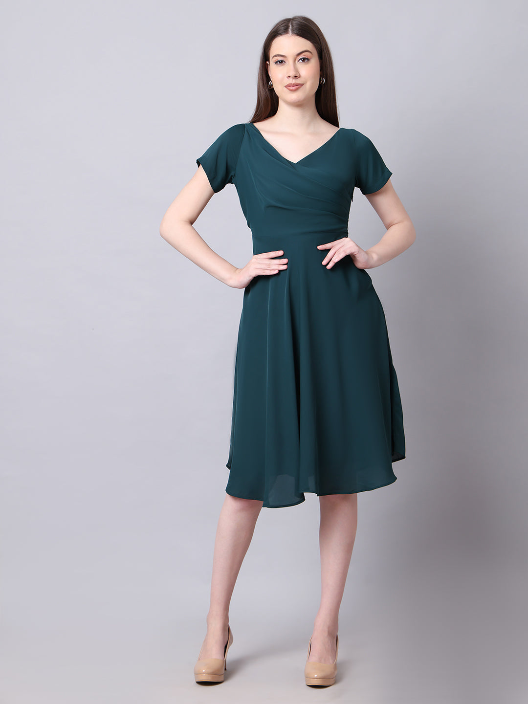 Exude Intrepid V-Neck Front Pleat Dress with Pockets