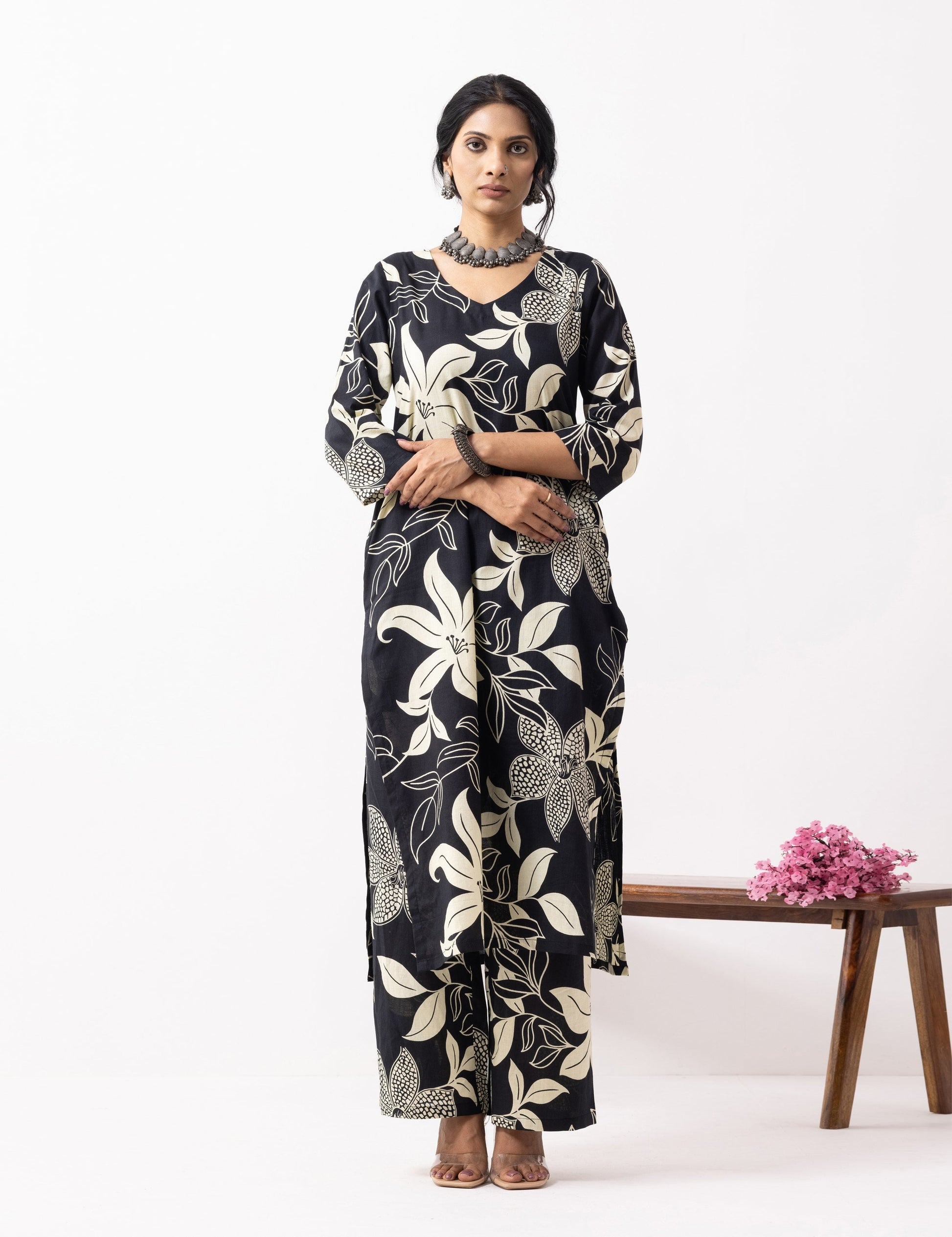 Black Block Printed Mira Kurta Set (Set of 2)- IC
