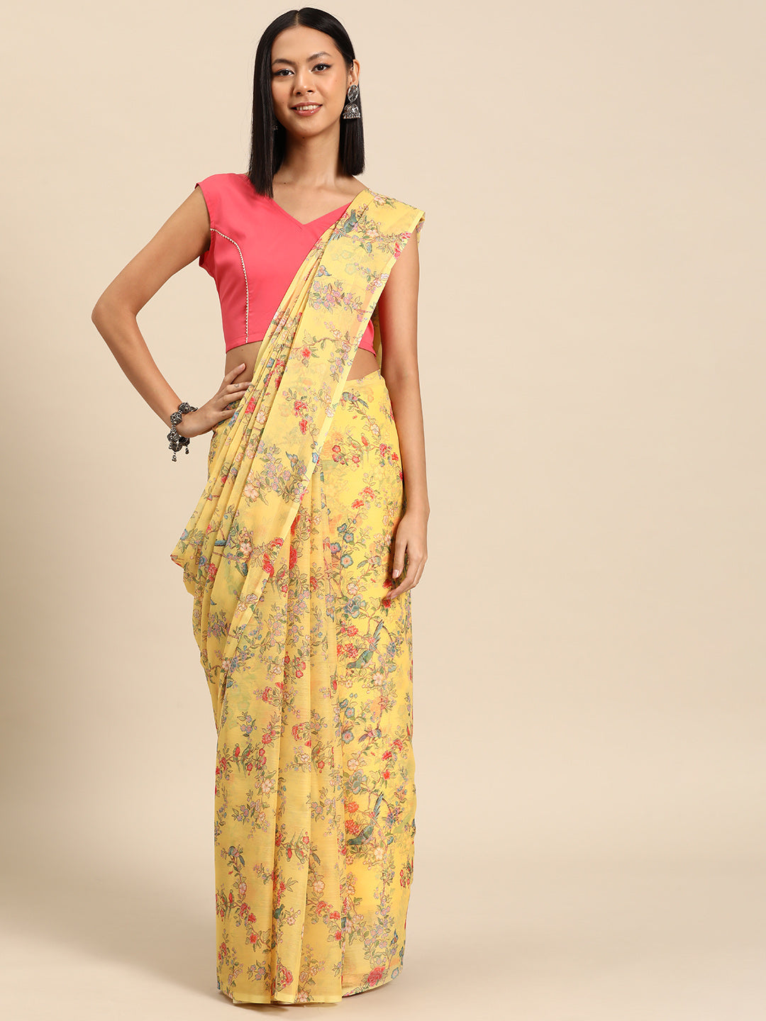 Yellow Floral Print Poly Chiffon Saree