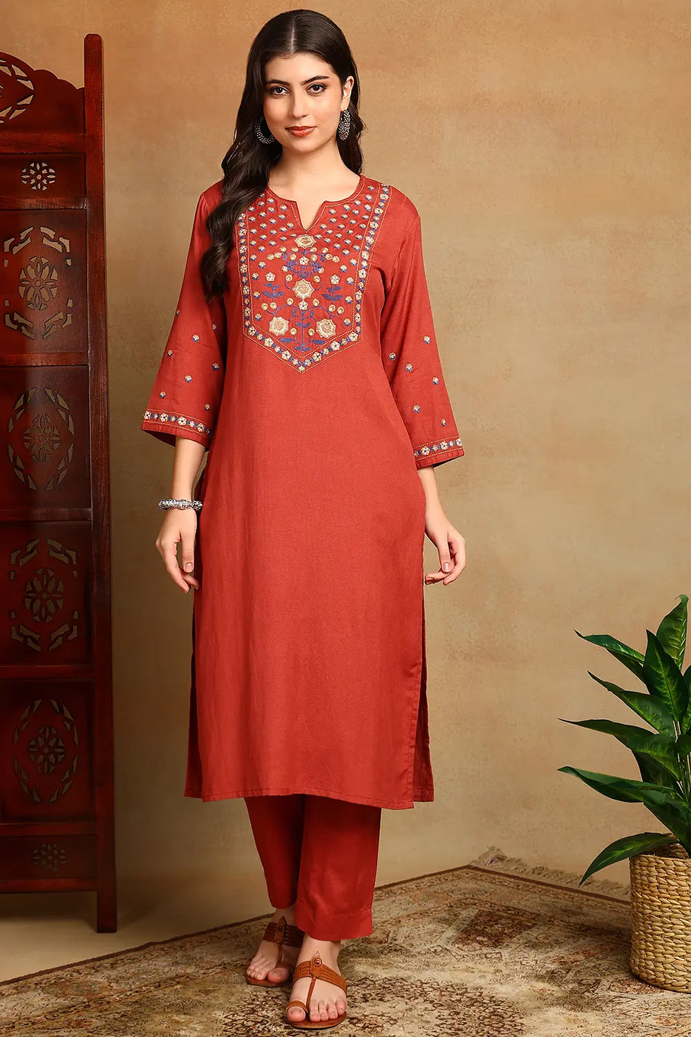 Rust Embroidered Flax Linen Kurta