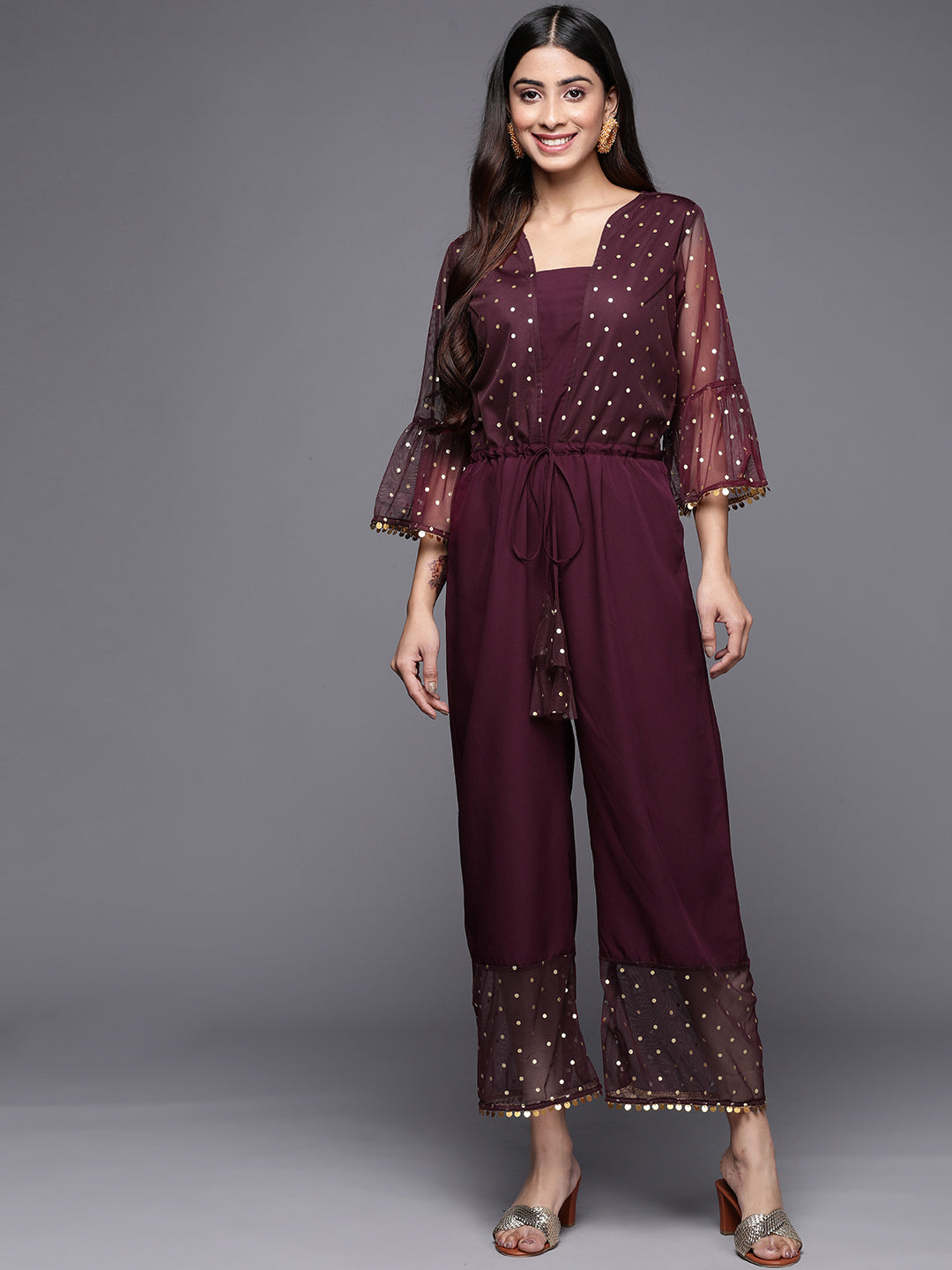 Burgundy Polka Dots Printed Jumpsuit With Waist Tie-Ups