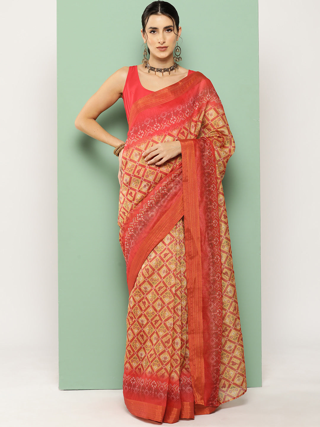 Mustard & Red Printed Chanderi Zari Saree