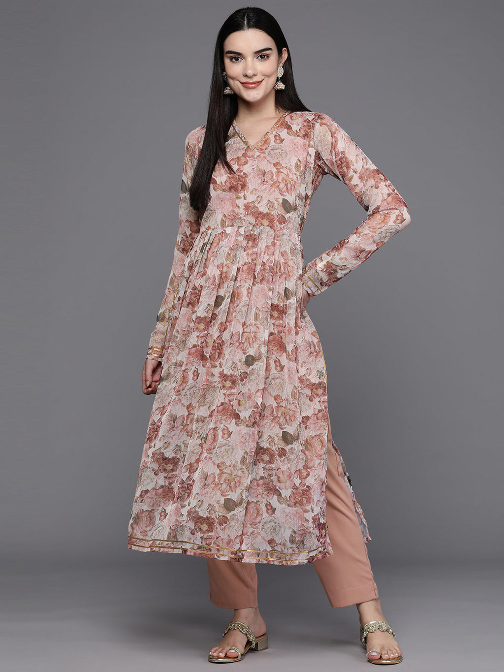 Women Floral Printed Pleated Gotta Patti Kurta with Trousers-AH