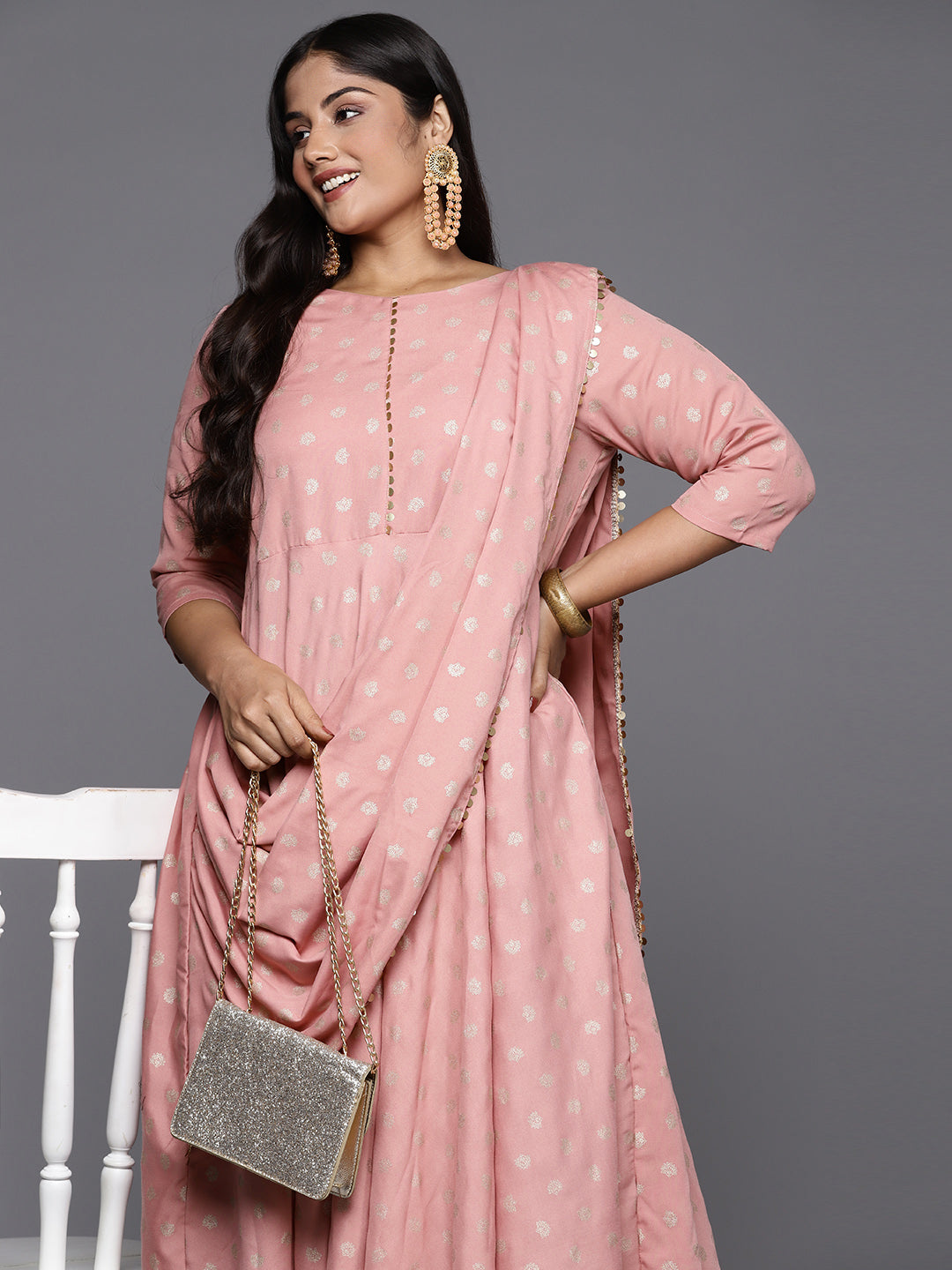 Pink Printed Plus Size A-Line Maxi Dress with Dupatta